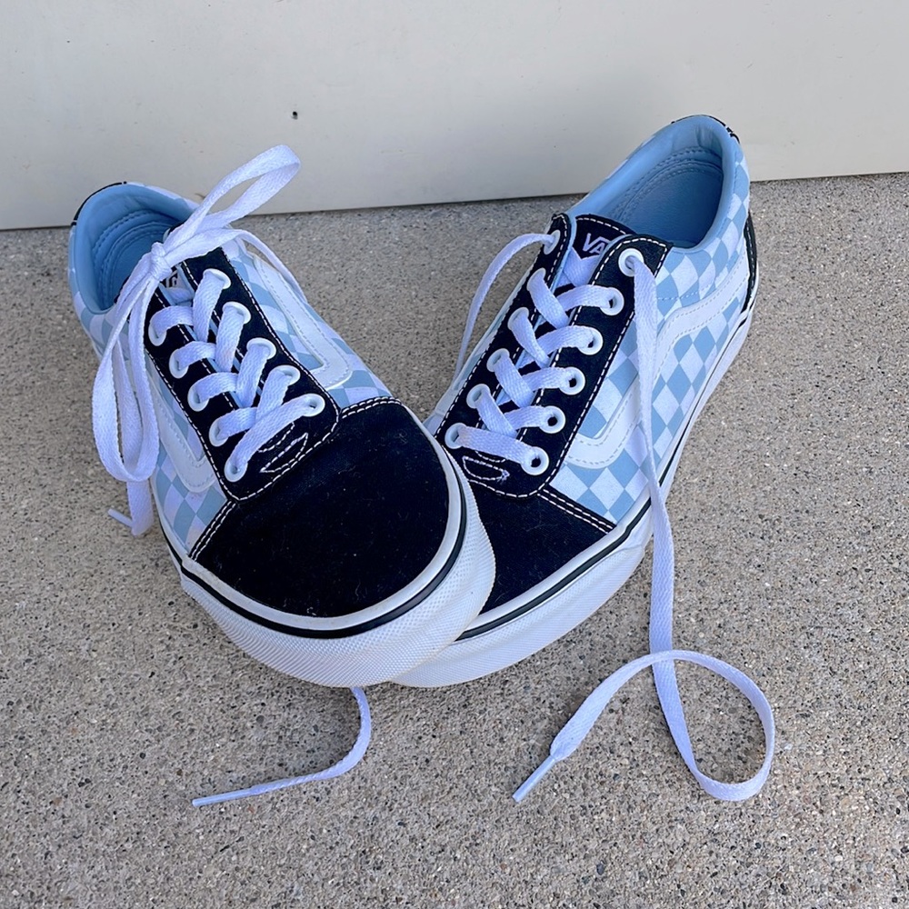 Blue and white checkerboard lace up Vans